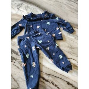 RuffleButts Baby Girls Navy Blue Floral Ruffle Sweatshirt and Jogger Set 12-18M